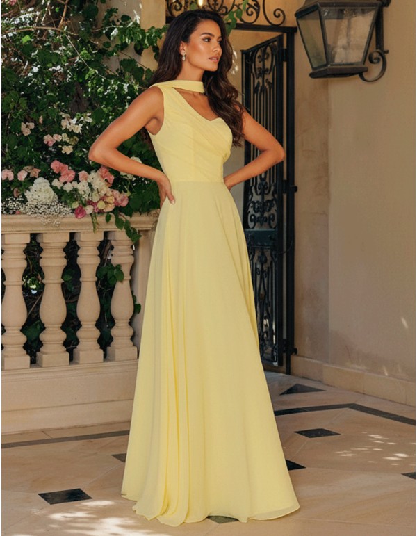 Pastel yellow long gown with asymmetrical neckline and cape sleeves 2