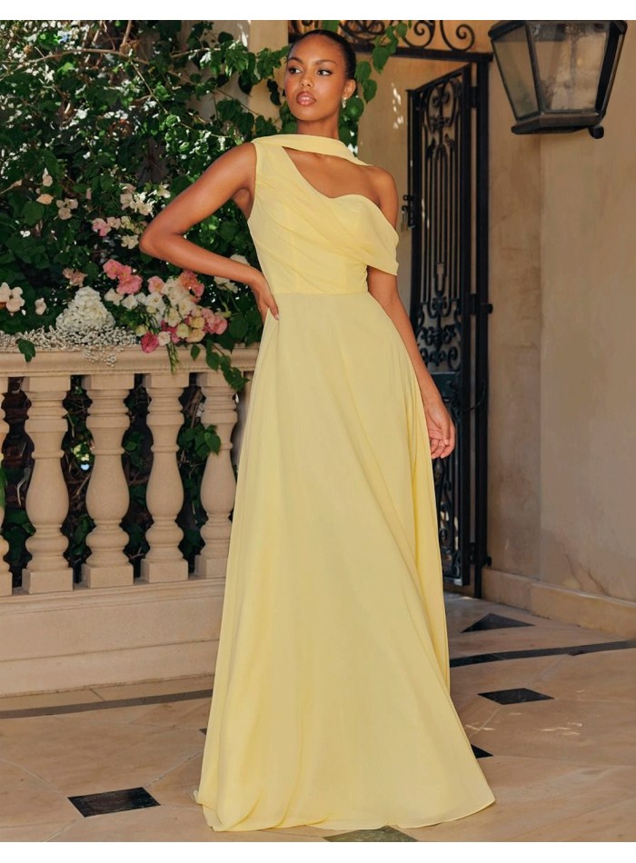 Pastel yellow long gown with asymmetrical...