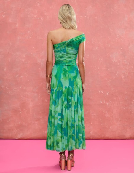 Falda midi de invitada con corte godets y estampado en color verde