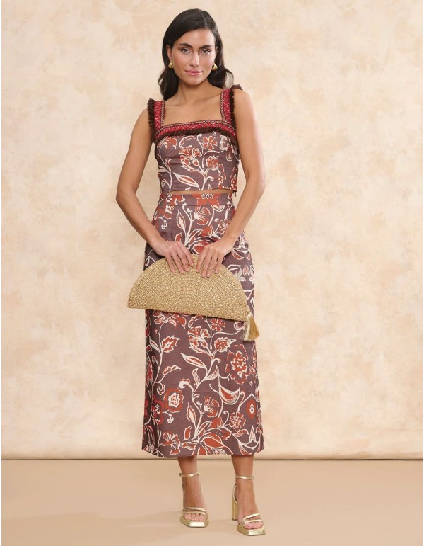 Brown guest top with square neckline and wide printed straps
