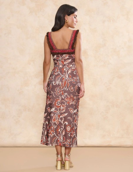 Brown guest top with square neckline and wide printed straps