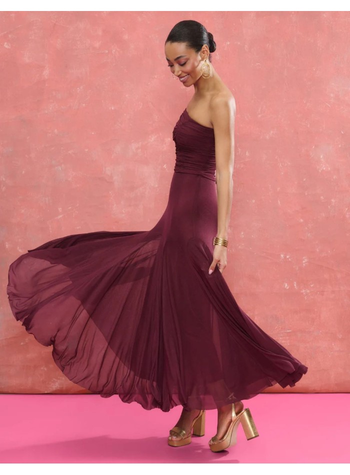 Asymmetrical draped tulle top in eggplant color