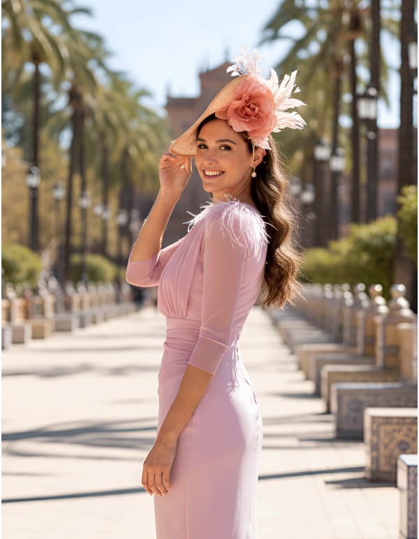 Guest headdress in natural color with pink flower and feathers 2