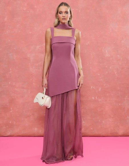 Long châle mauve en mousseline de soie