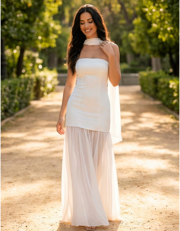 Robe de mariée blanche sans bretelles avec corsage en satin et jupe en mousseline de soie