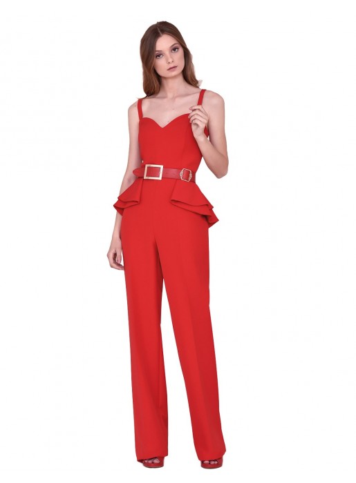 Red party jumpsuit with straps and ruffles on the waist de nuribel