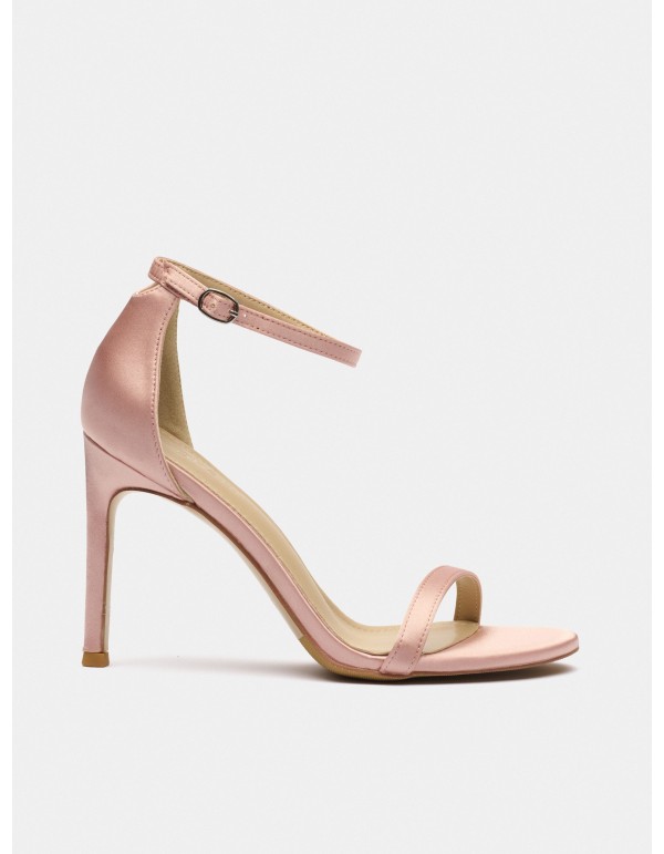 Satin fabric heeled sandal with buckle fastening