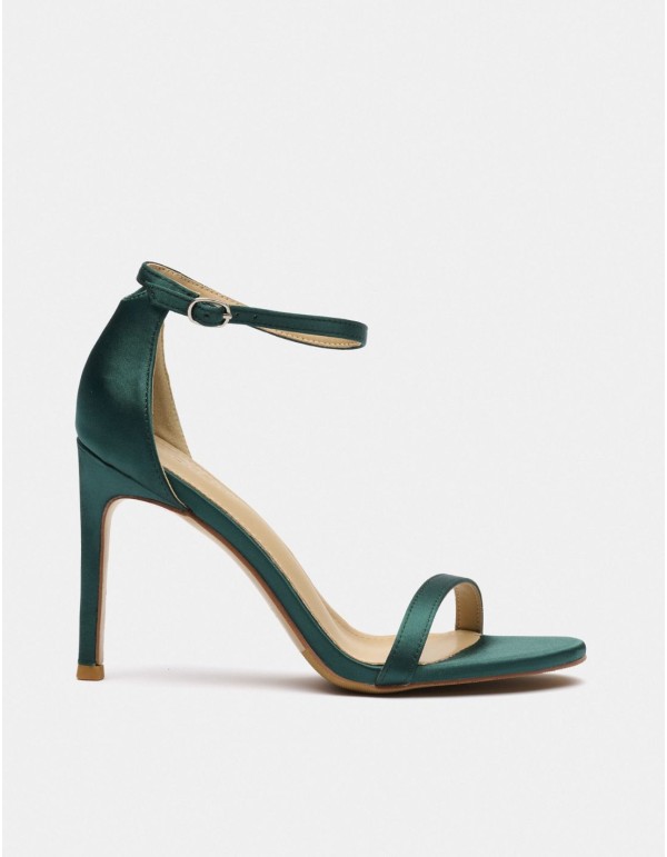 Satin fabric heeled sandal with buckle fastening