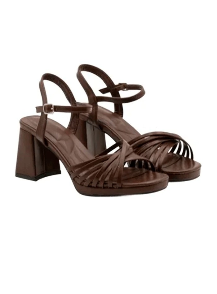 Brown strappy ankle strap sandals with...