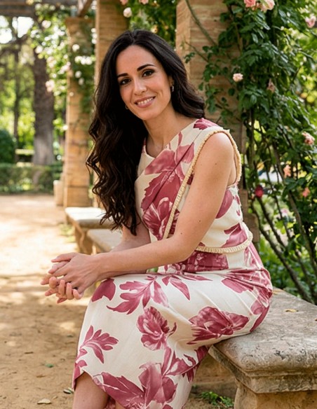 Robe midi imprimée rose et blanche avec encolure licou pour invitée