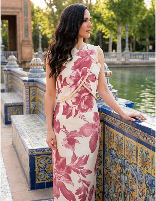 Pink and white printed midi dress with halter neckline for guests