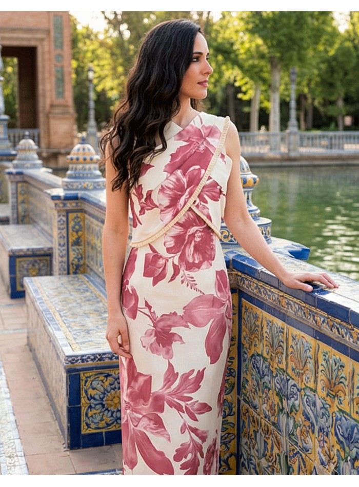 Pink and white printed midi dress with halter neckline for guests