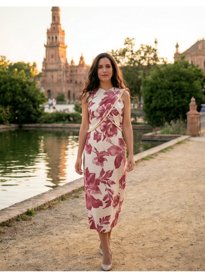 Pink and white printed midi dress with halter...