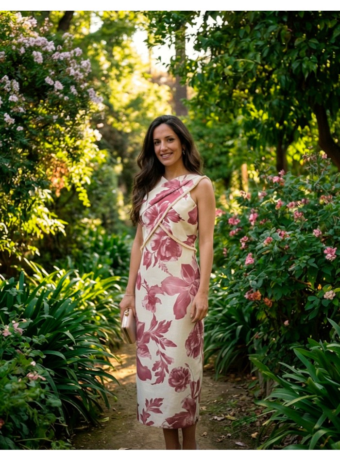 Robe midi imprimée rose et blanche avec...