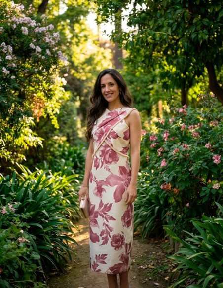 Vestido midi estampado rosa y blanco con escote halter para invitada