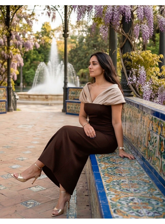 Robe midi bicolore beige et marron avec...