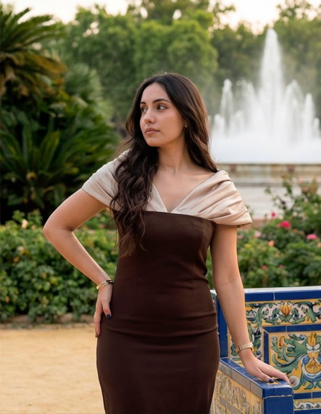 Two-tone beige and brown midi dress with draped Bardot neckline