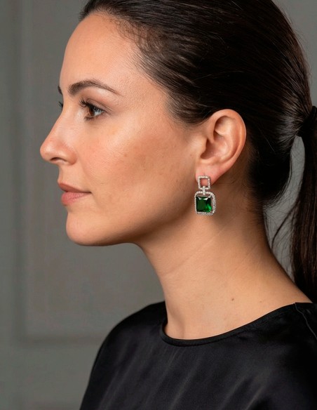 Boucles d'oreilles vert émeraude avec cristaux carrés et pierres semi-précieuses
