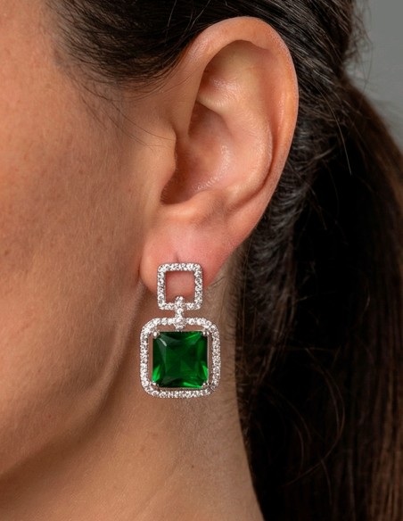 Square Green Emerald Green Crystal Emerald Earrings with Semiprecious Stones
