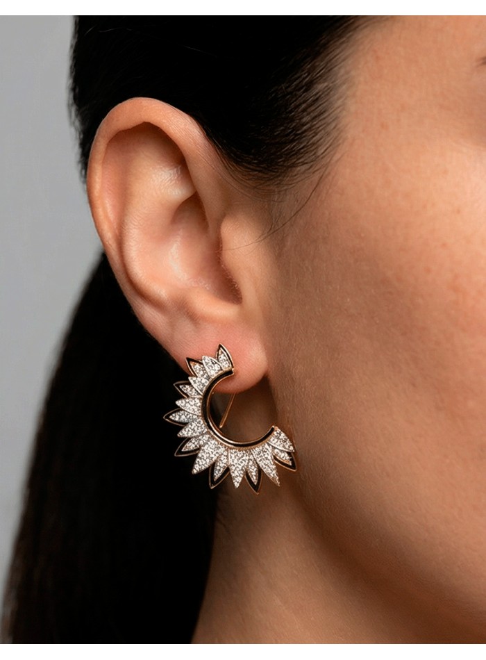 Handcrafted Half Moon Earrings with Natural Crystals and Black Enameled