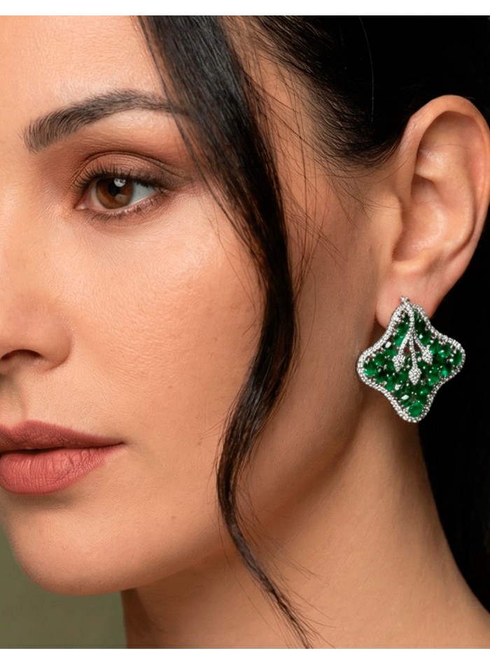 Lotus Flower with Emerald Green Semiprecious Stones Earrings