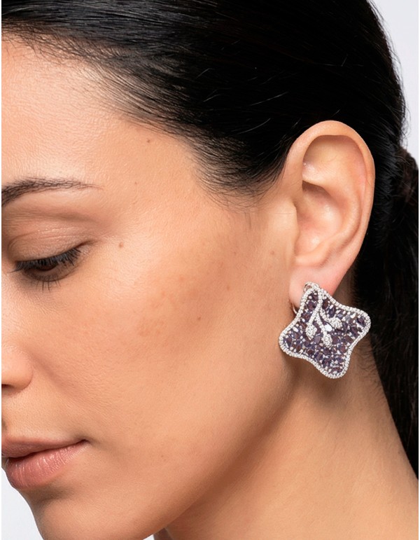 Lotus Flower Earrings with Semiprecious Stones in Lilac Color 2