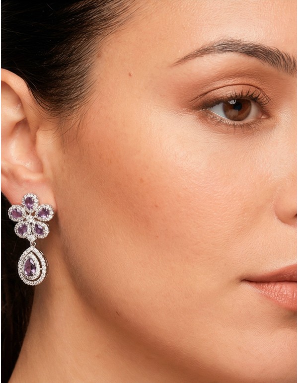 Handmade Flower and Teardrop Earrings with Semiprecious Stones in Lilac