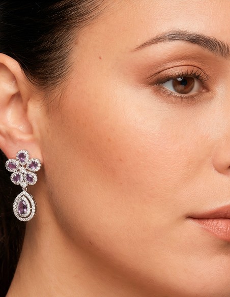 Handmade Flower and Teardrop Earrings with Semiprecious Stones in Lilac