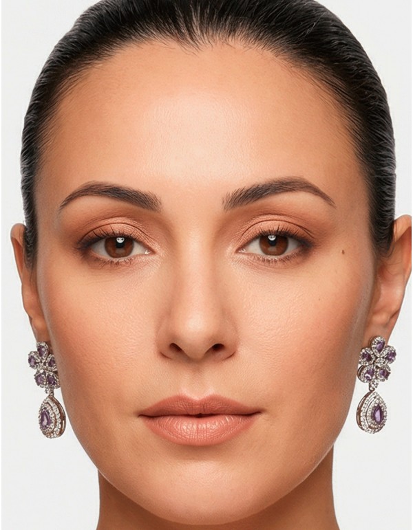 Handmade Flower and Teardrop Earrings with Semiprecious Stones in Lilac 2