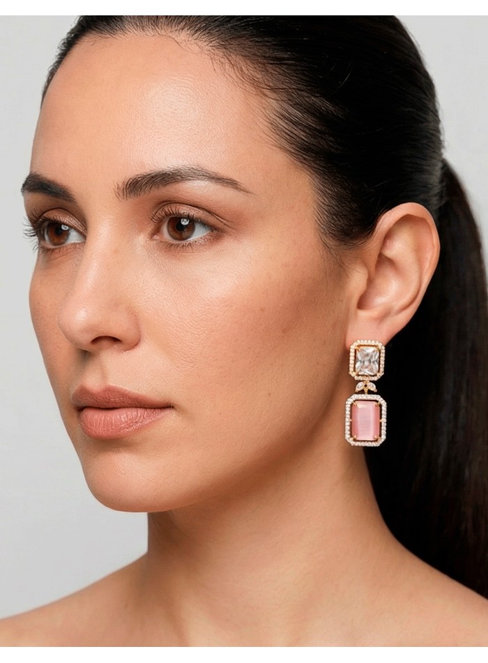 Handcrafted Long Earrings with Natural Crystals and Pink Semiprecious Stones