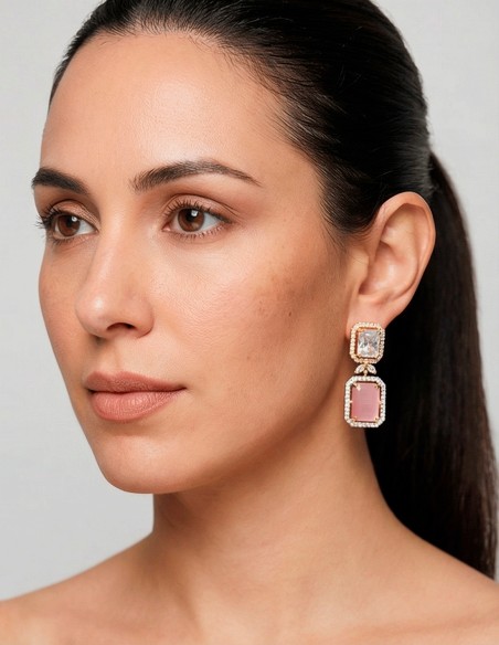 Handcrafted Long Earrings with Natural Crystals and Pink Semiprecious Stones