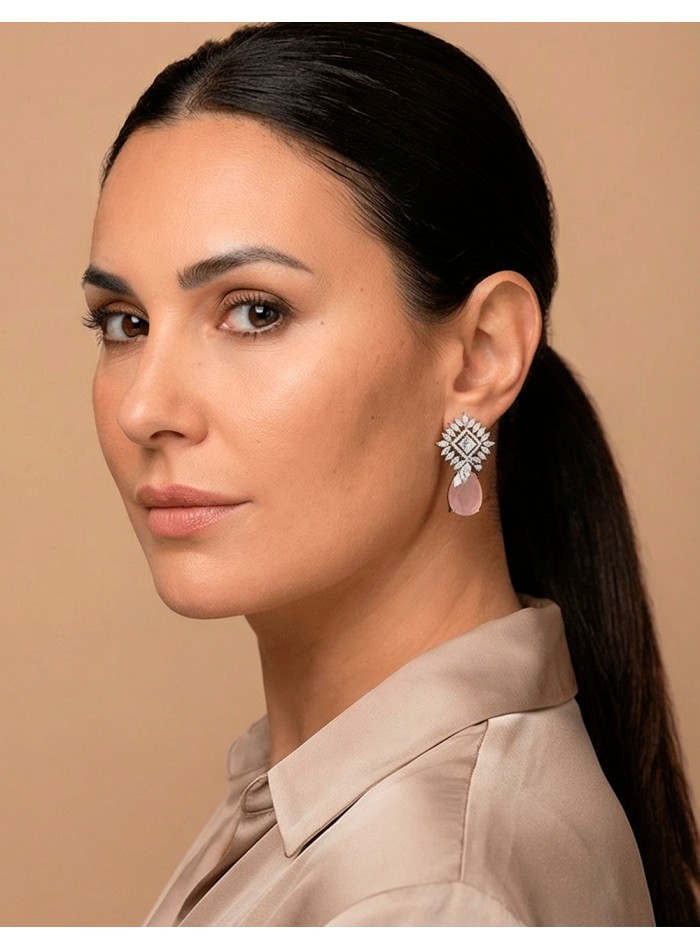 Crystal Earrings with Tear Drop Natural Pink Stone