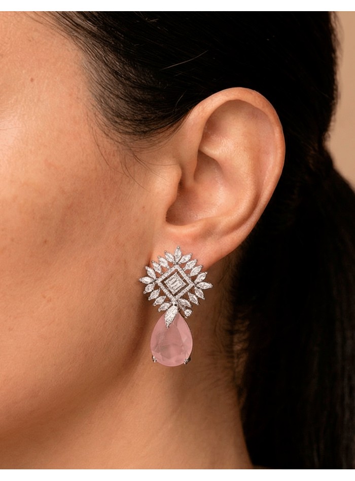 Crystal Earrings with Tear Drop Natural Pink Stone