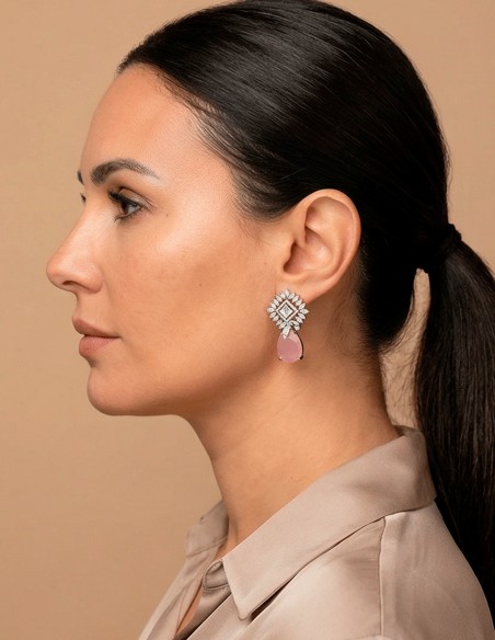 Crystal Earrings with Tear Drop Natural Pink Stone