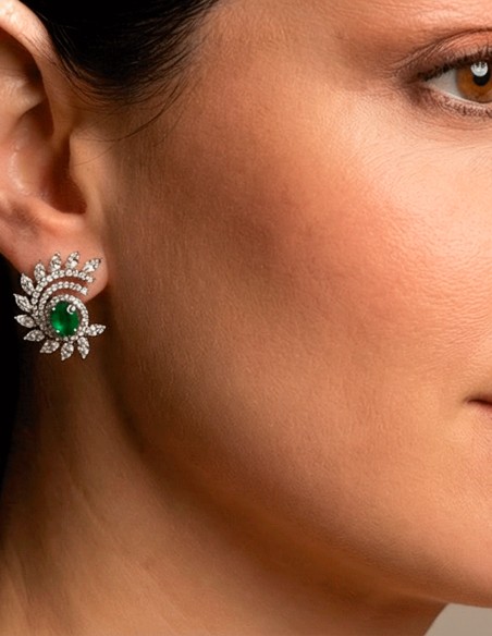 Pendientes Artesanales Rodiados en Espiral con Piedras Semipreciosas Verdes