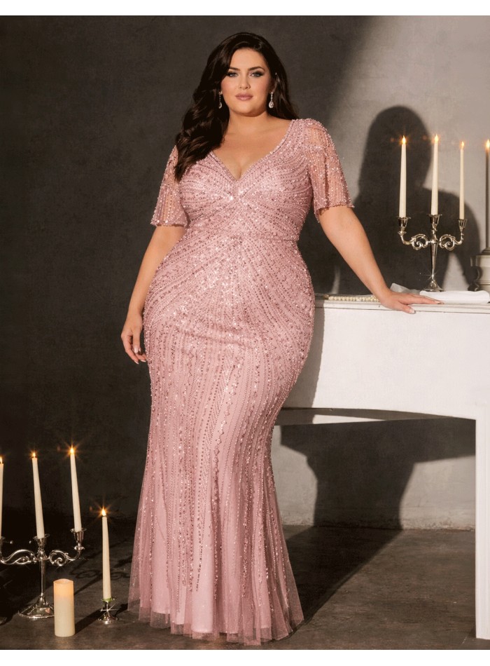 Vestido de invitada largo de manga corta con pedrería