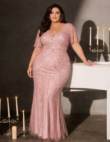 Long guest dress with short sleeves with rhinestones