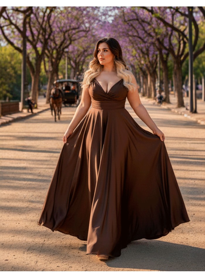 Vestido Curvy Largo Satinado Marrón con Escote en Pico invitada boda