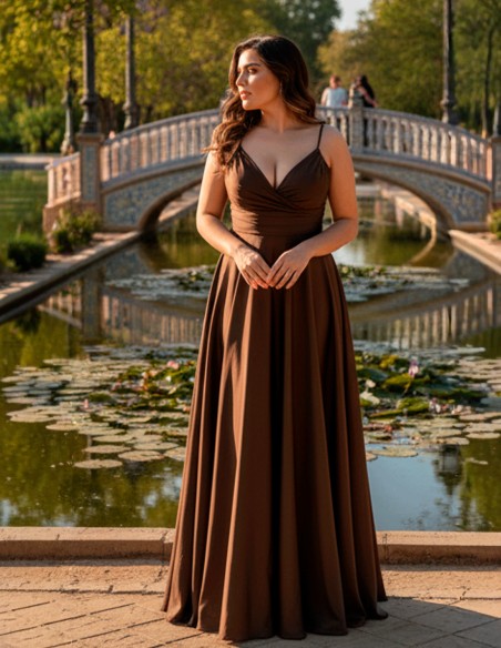 Curvy Long Robe longue en satin marron à encolure dégagée