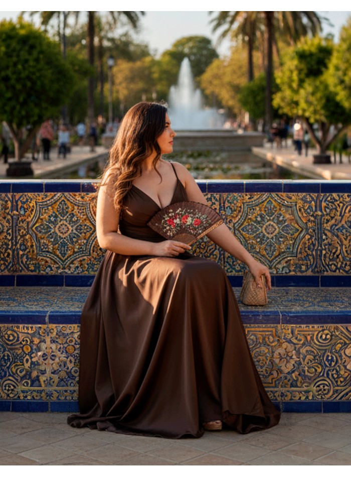 Curvy Long Brown Satin Long Dress with Scooped...