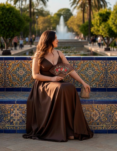 Curvy Long Brown Satin Long Dress with Scooped Neckline