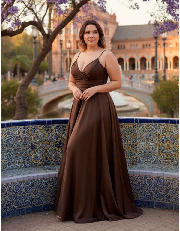Curvy Long Brown Satin Long Dress with Scooped Neckline