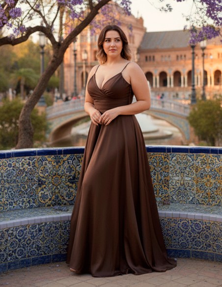 Curvy Long Brown Satin Long Dress with Scooped Neckline