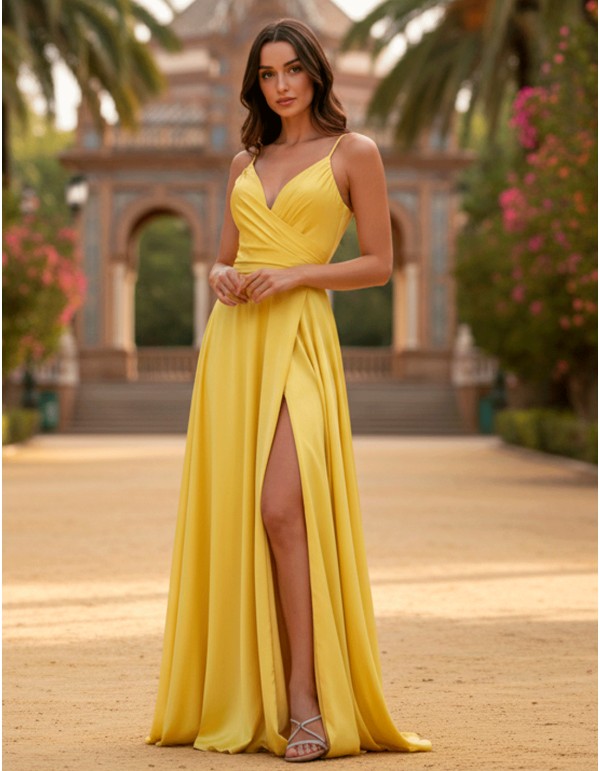 Long Yellow Satin Dress with Heart Neckline and Opening 2