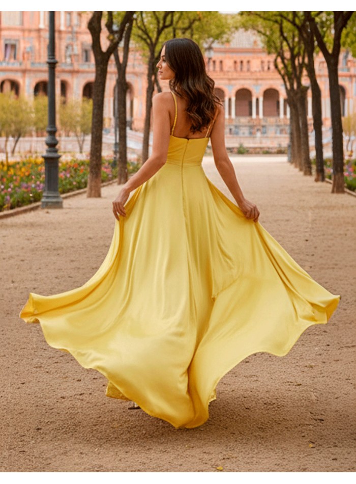 Long Yellow Satin Dress with Heart Neckline and...