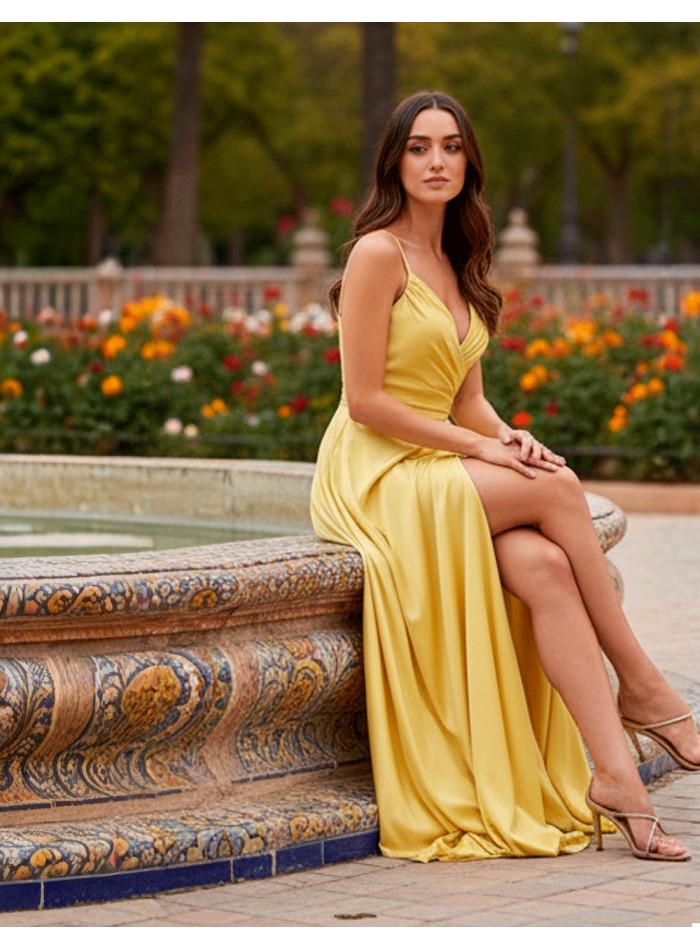 Long Yellow Satin Dress with Heart Neckline and...