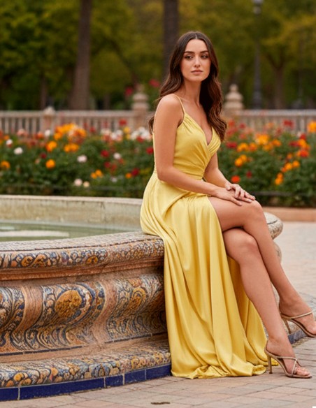 Robe longue en satin jaune avec encolure et ouverture en forme de cœur