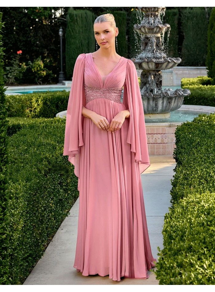 Long flowing chiffon guest dress with cape sleeves