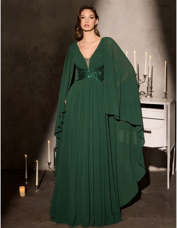 Vestido de invitada largo de gasa fluida con mangas capa 2