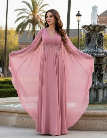 Long flowing chiffon guest dress with cape sleeves